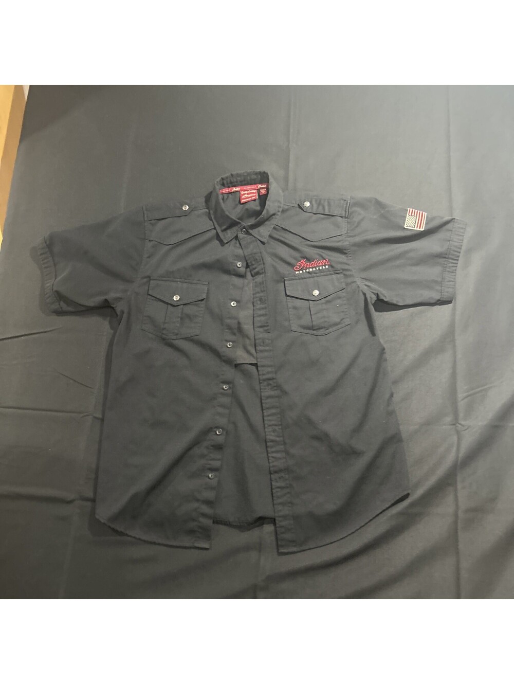 Vintage Indian Motorcycle Fort Worth TX Work Shirt Black Short Sleeve Men’s M